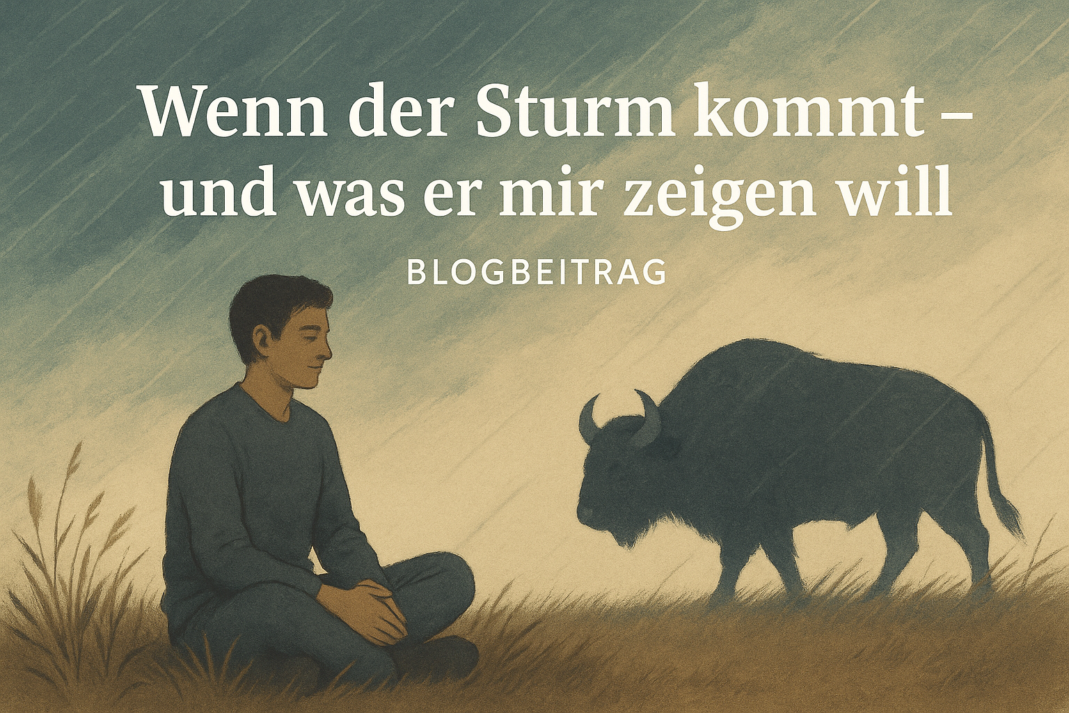 Mann meditiert neben einem Bison.
