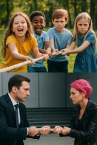 Kinder und Erwachsene beim Tauziehen