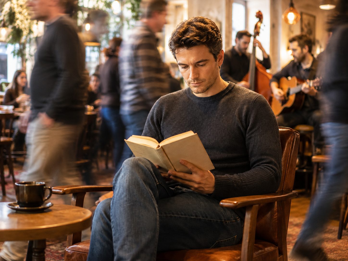 Was bei einer Hypnose wirklich passiert 3 Ein Mann liest ruhig in einem Buch, während das volle Café um ihn herum in Bewegung verschwimmt
