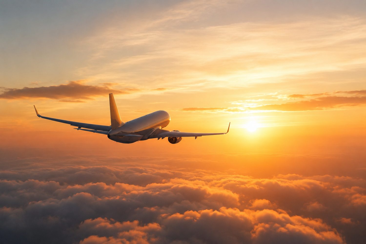 Ein Flugzeug fliegt ruhig über den Wolken im Abendlicht